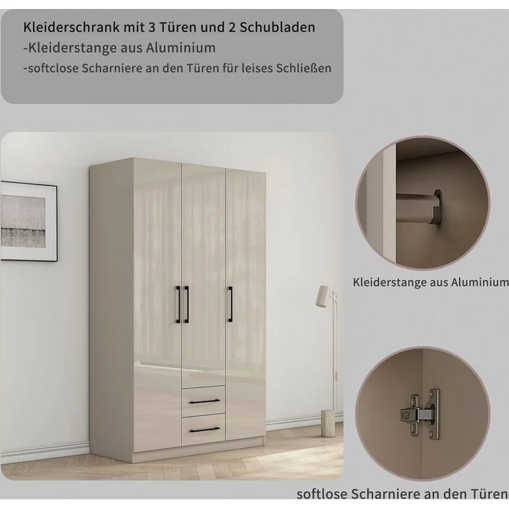 OTTO home Kleiderschrank Sylt Schlafzimmerschrank Garderobe Schrank Bestseller hochglanz (hochwertige schwarze Metallgriffe) Drehtürenschrank mit perfekter Innenausstattung, Breite 120cm – Bild 3