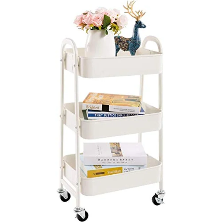 DOEWORKS Rollwagen Metall Servierwagen Küchenwagen Aufbewahrungswagen 3-Etagen Utility Cart Organizer Wagen mit Rädern für Wohnzimmer Schlafzimmer Make-up Badezimmer Büro, Weiß – Bild 9