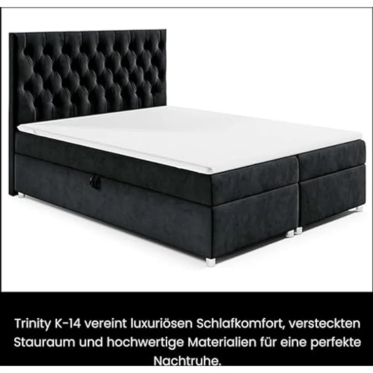 Best For Home Boxbett Trinity K-14, Schwarz, Textil, Größe 200x200 cm, Boxspringbett mit Bettkasten, Höhe ca. 18 cm – Bild 7