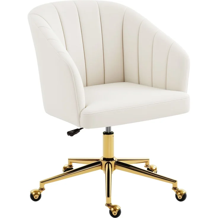 MELAYR, Bürostuhl in Samtoptik, Schaumstofffüllung, höhenverstellbar, rollbar, Stahlbasis, Cremeweiß, 61 x 60 x 92.5 cm – Bild 1
