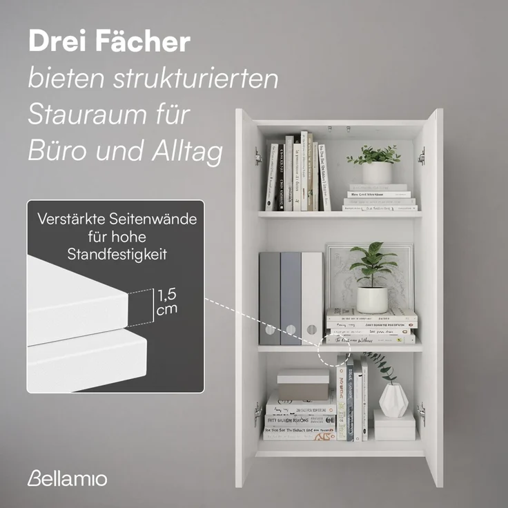 Bellamio 'Ais' Mehrzweckschrank, weiß, 110x33x60 cm, kleiner Aktenschrank mit 3 Fächern, Hängeschrank mit Push-to-open – Bild 4