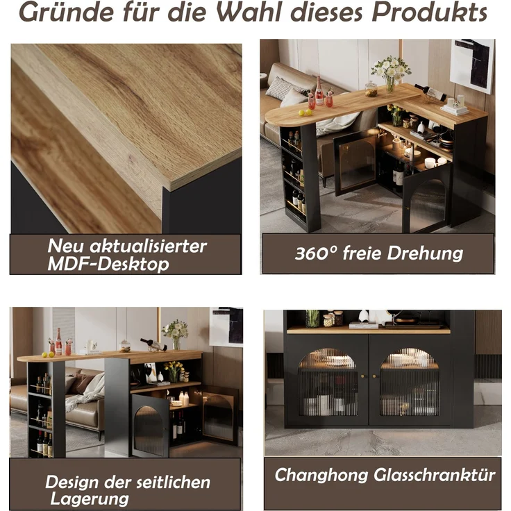 Ausziehbarer Bartisch 138-193x39x105 cm mit Stauraum – eleganter Tisch mit LED Lichtstreifen – Bild 7