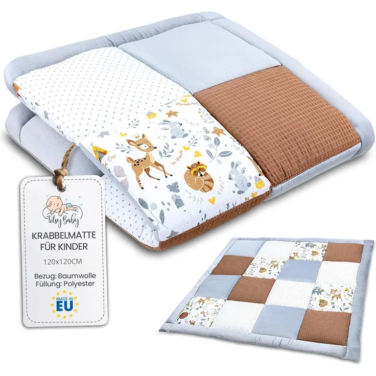 Baby Krabbeldecke Velvet spieldecke 120x120 cm - PATCHWORK Laufgittereinlage Baumwolle mit Velvet und Waffelpique Hirsch