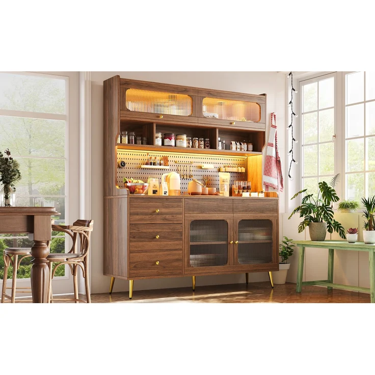 ZUBALIYA LED-Küchenschrank 145x39x171 cm, mit App-Steuerung, mit Stauraum, MDF/Glas, Nussbaum – Bild 14