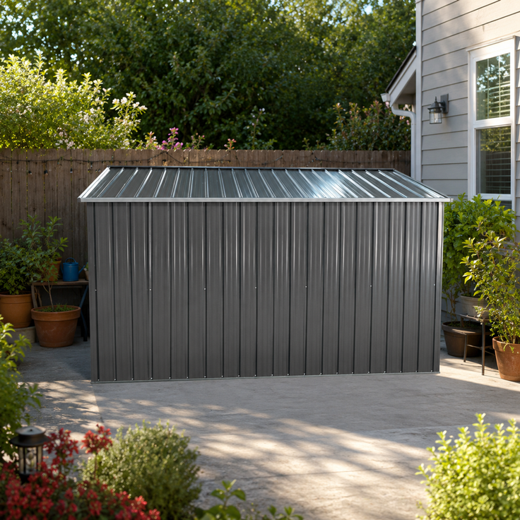 ZUBALIYA Metall-Gartenschuppen 10x8 ft mit Spitzdach in Grau als Außenlager. Der Schuppen ist mit einem integrierten Bodenrahmen ausgestattet. Grundfläche: 7,46 m² – Bild 8