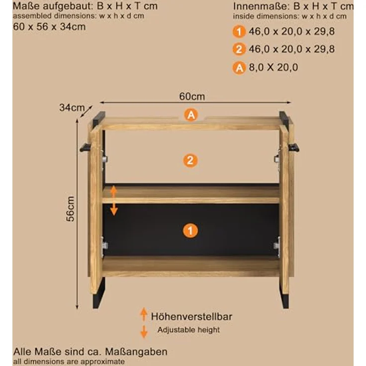 trendteam smart living - Safiya - Waschbeckenunterschrank - Eiche/Schwarz - Waschtisch mit 2 Türen und 1 Einlegeboden - (BxHxT) 60 x 56 x 34 cm - Schwarze Metallgriffe – Bild 3