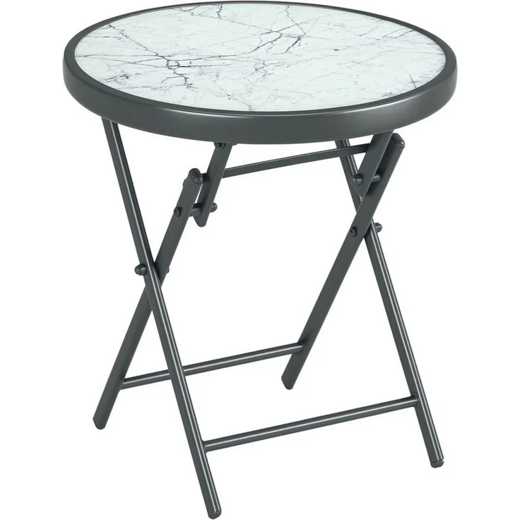 Outsunny Gartentisch klappbar, aus Glas mit Marmoroptik, rund (Klapptisch, 1-St, Beistelltisch), für Balkon Terrasse Wohnzimmer Büro, 45 x 45 x 50 cm, Weiß – Bild 1