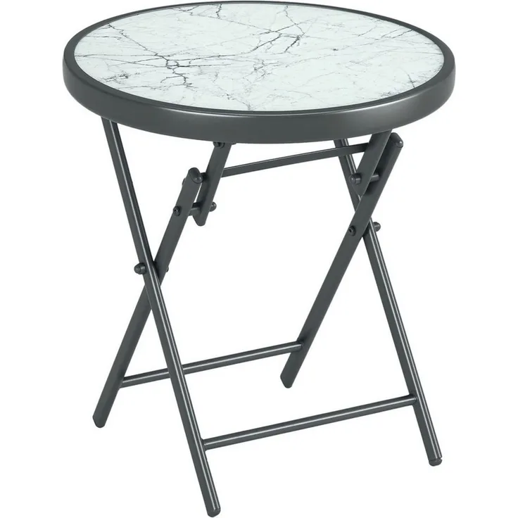 Outsunny Gartentisch klappbar, aus Glas mit Marmoroptik, rund (Klapptisch, 1-St, Beistelltisch), für Balkon Terrasse Wohnzimmer Büro, 45 x 45 x 50 cm, Weiß