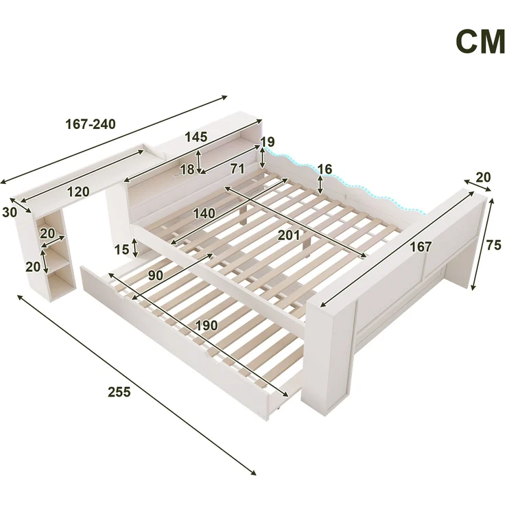 Bett 140x200 cm aus Holzwerkstoffen in Weiß mit Ausziehbett 90x190 cm, LED und Ladeanschlüssen, ohne Matratze – Bild 5