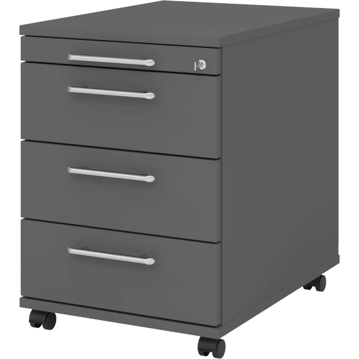 bümö Rollcontainer mit Schubladen, Container abschließbar aus Holz in graphit - Rollwagen für's Büro als Schreibtisch Unterschrank, Bürocontainer od. Schreibtischcontainer mit Relinggriffe, AC30-G-G-RE – Bild 1