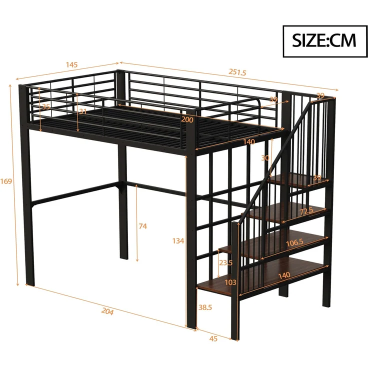 EINHOM Hochbett 140 x 200 cm Stabile Metallkonstruktion mit Geräumigem Stauraum unter dem Bett und Treppe Ideal für Kinder und Erwachsene Stauraumbett für Maximale Platzeffizienz (Ohne Matratze) – Bild 2