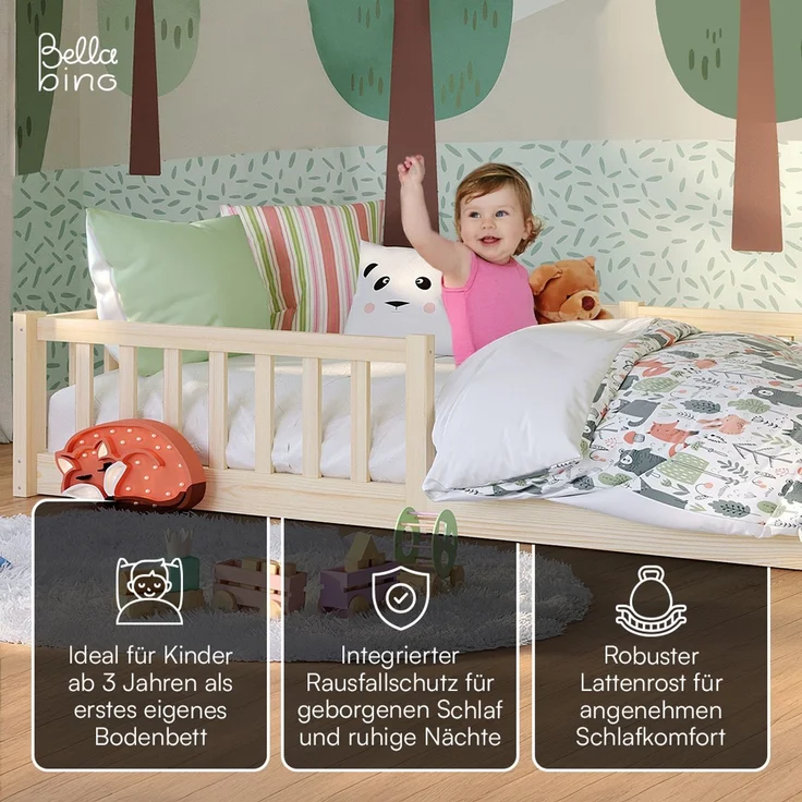Bellabino 'Vere' Bodenbett 90x200 cm mit Matratze, natur, Massivholz Kiefer, Montessori Kinderbett mit Rausfallschutz und Lattenrost – Bild 3