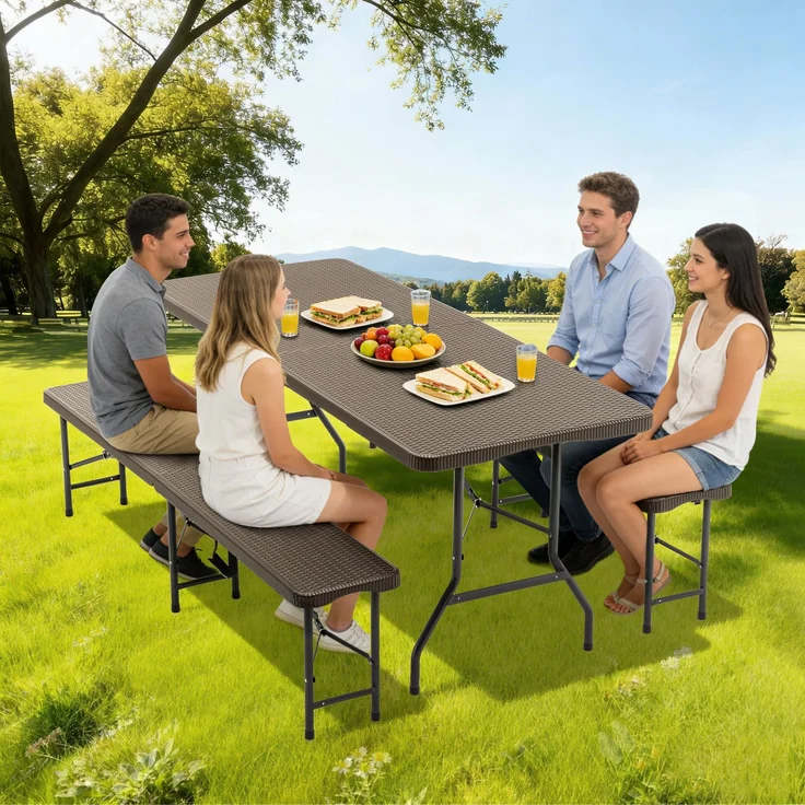 6ft Klappbarer Picknicktisch mit 2 Bänken, 3-teiliges Camping Set, HDPE Tischplatte mit Baummuster, Sicherheitsverriegelung, UV- & wasserbeständig, Braun – Bild 9