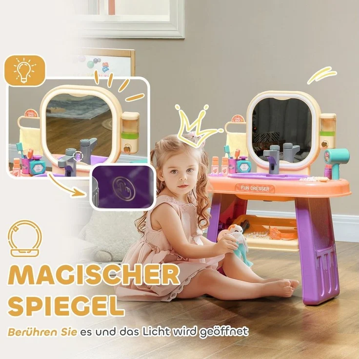 AIYAPLAY Schminktisch mit Spiegel, LED Licht, Musik (Kosmetiktisch, 1-St, Frisiertisch), mit Wasserhahn, Zubehör für 3-6 Jahre Kinder, Violett – Bild 3