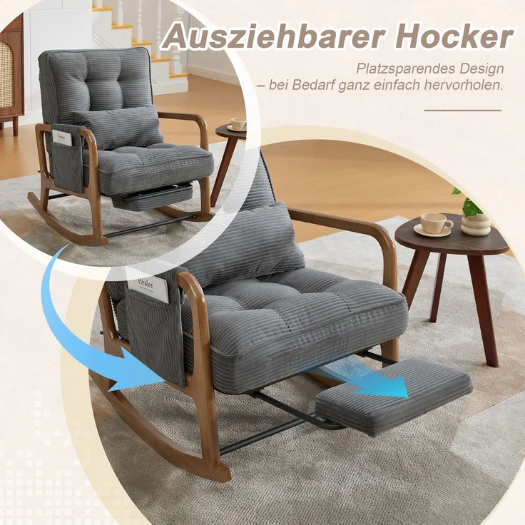 LVHOM Schaukelstuhl mit ausziehbarer Fußstütze, Relaxsessel mit verstellbare Rückenlehne, Loungesessel mit Seitentasche, bis 150 kg belastbar, Grau – Bild 3