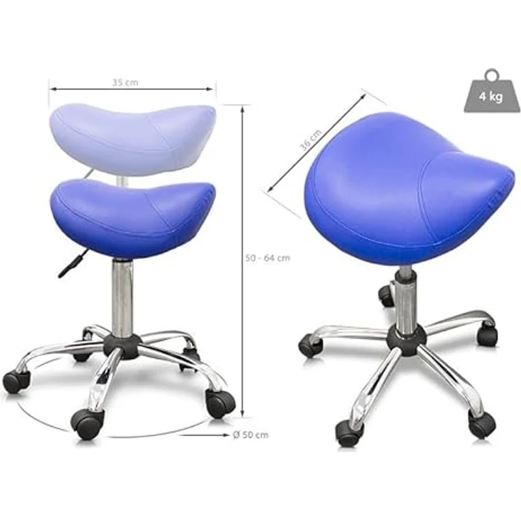 QUIRUMED Pony-Hocker, ergonomisch, mit Stahlgestell, Blaue Farbe, Kunstlederpolsterung, höhenverstellbar, gepolsterter Sitz, drehbare Räder, bis 150 kg, Blau – Bild 3