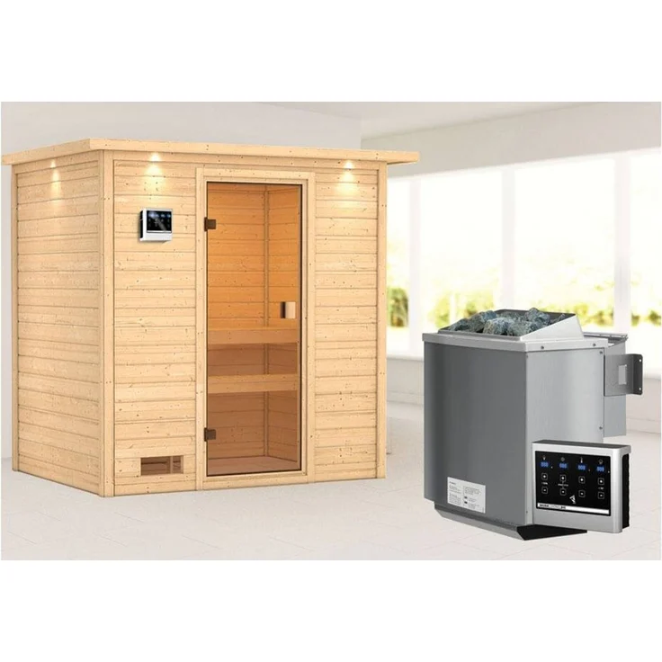 Karibu Sauna Selena mit Dachkranz + 9kW BIO-Kombiofen mit ext. Steuerung Easy – Bild 1
