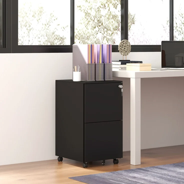 MELAYR, Rollcontainer Aktenschrank, 2 Schubladen, ab­schließ­bar, rollbar, 37 cm x 43.5 cm x 67.5 cm, Schwarz – Bild 4