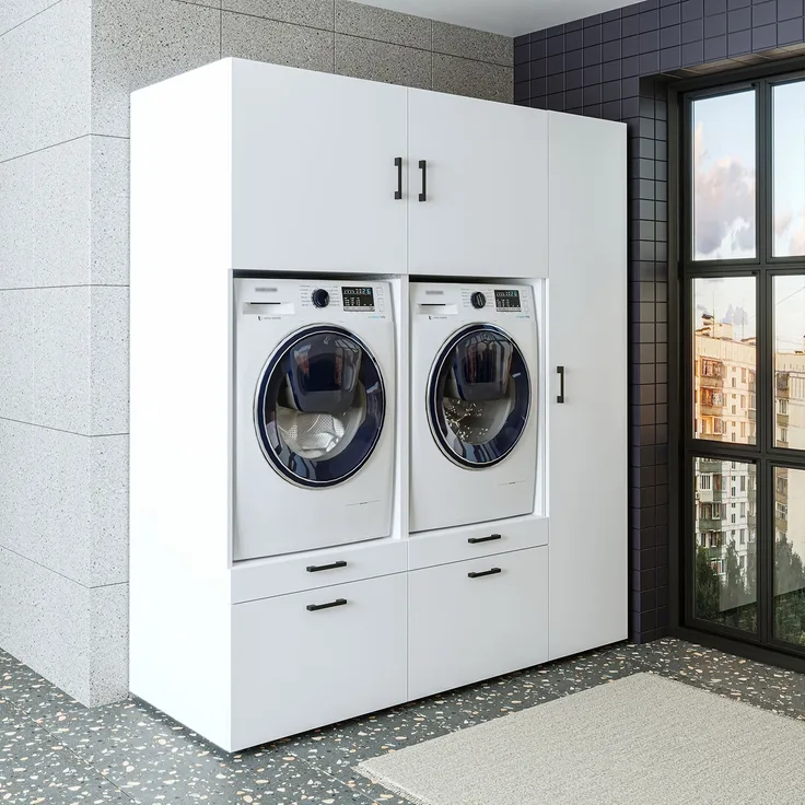 Roomart Waschmaschinenschrank SERIE 2 – Überbauschrank mit Schublade, Überbauschrank für Waschküche & Hauswirtschaftsraum – mit Ausziehbrett & Schublade – • Weiß