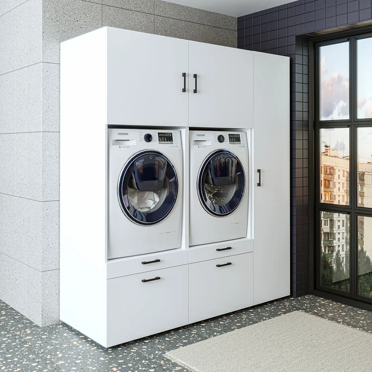 Roomart Waschmaschinenschrank SERIE 2 – Überbauschrank mit Schublade, Überbauschrank für Waschküche & Hauswirtschaftsraum – mit Ausziehbrett & Schublade – • Weiß – Bild 1