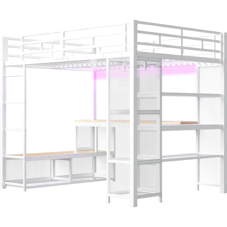 U-life Metall-Hochbett 140x200 cm mit Schreibtisch, offenem Kleiderschrank, LED-Beleuchtung und USB-Ladestation, Weiß – Bild 8