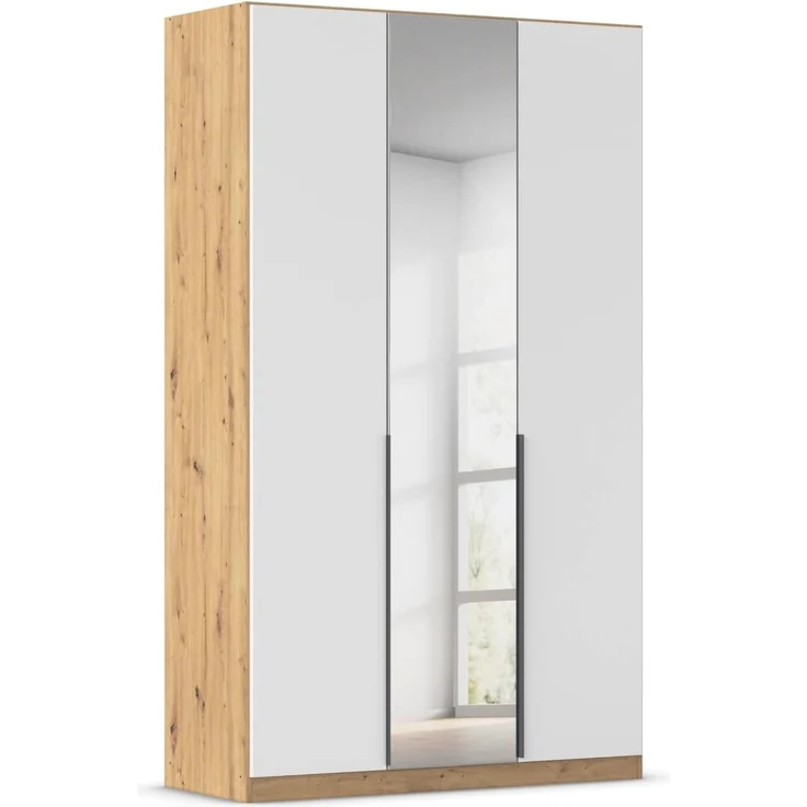 Rauch Möbel Alabama, Kleiderschrank, Garderobenschrank, 3-türig, Spiegel, Zubehör Basic, 2 Kleiderstangen, 4 Einlegeböden, Farbe Weiß/Eiche Artisan, Holz, Griff Grau metallic, 136 x 229 x 54 cm – Bild 1