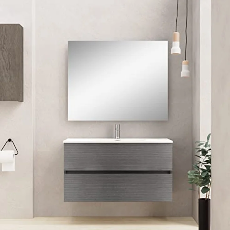 Baikal Badezimmerschrank, Zwei Schubladen, Wandmontage, mit Waschbecken, Melamin 16, montiert, Möbel 90 cm, Asche mit Spiegel Mond – Bild 3