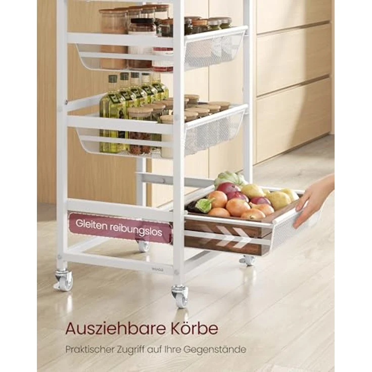 VASAGLE Servierwagen mit 5 Ebenen, Rollwagen mit herausziehbaren Körben, Küchenregal auf Rollen, Griff, 31,7 x 40 x 95 cm, goldeichenfarben-mattweiß LRC041YA01 – Bild 4