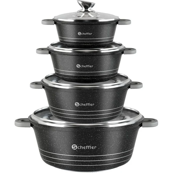 Scheffler Topf-Set Kochtopf Set Induktions Antihaftbeschichtung Töpfe Set mit Glasdeckel, Aluminium (2,2/4/6/10L, 4-tlg, Topf), Induktionsgeeignet – Bild 1
