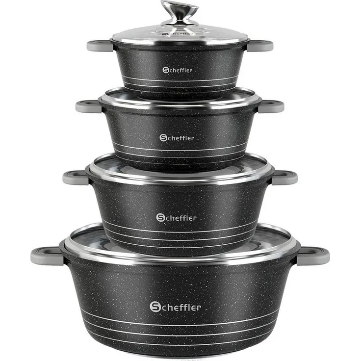Scheffler Topf-Set Kochtopf Set Induktions Antihaftbeschichtung Töpfe Set mit Glasdeckel, Aluminium (2,2/4/6/10L, 4-tlg, Topf), Induktionsgeeignet