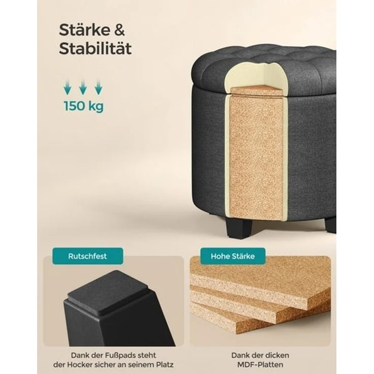 SONGMICS Sitzhocker rund, Fußhocker mit Stauraum, Schminkhocker mit Beinen, 45 cm d, 44,5 cm H, bis 150 kg belastbar, für Wohnzimmer Schlafzimmer, dunkelgrau LOMDE011G01V1 – Bild 4