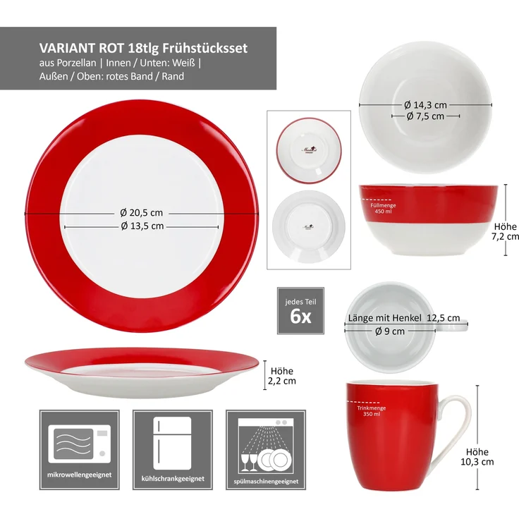 18tlg Frühstücksset Variant Rot Porzellan 6 Personen Teller Schale Becher – Bild 7