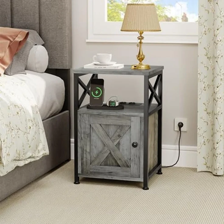 YITAHOME Beistelltisch, Nachtschrank mit Kabinett, X-förmiger Wohnzimmertisch mit Ladestation, 2 USB-Anschlüssen und Steckdosen, Nachtkonsole, Metallgestell, 40 x 35 x 60 cm, Grau – Bild 7