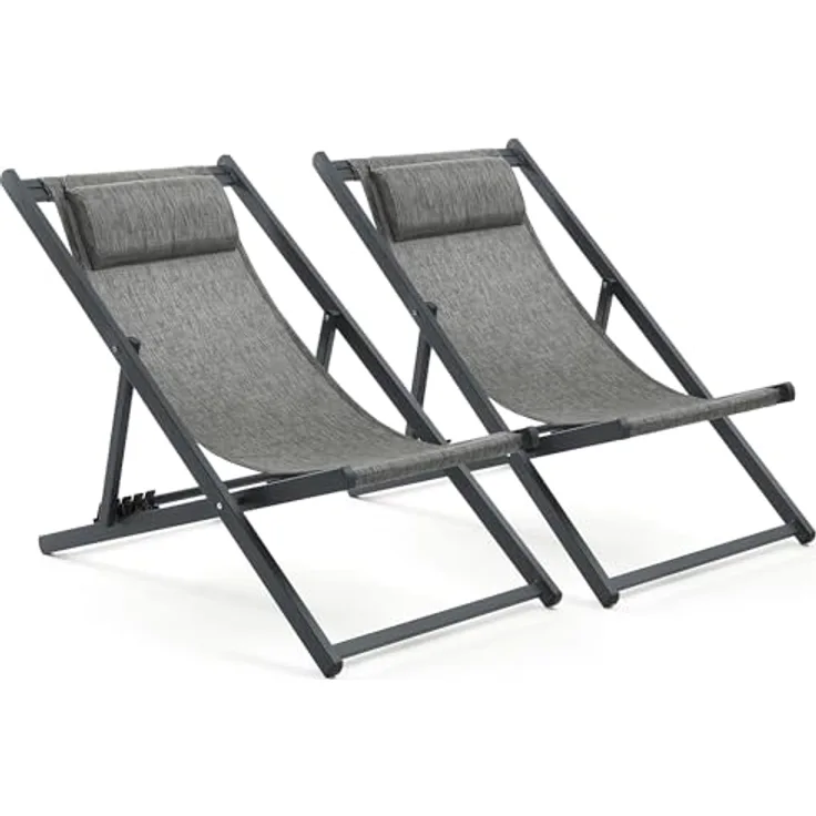 Mondeer Sonnenliege 2er Set, klappbarer Liegestuhl mit Kopfstütze und Verstellbarer Rückenlehne für Garten Pool Terrasse, Belastbarkeit 130kg, W104 x D58 x H95cm, Schwarz und Grau