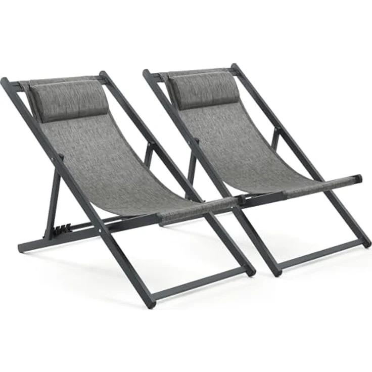 Mondeer Sonnenliege 2er Set, klappbarer Liegestuhl mit Kopfstütze und Verstellbarer Rückenlehne für Garten Pool Terrasse, Belastbarkeit 130kg, W104 x D58 x H95cm, Schwarz und Grau – Bild 1