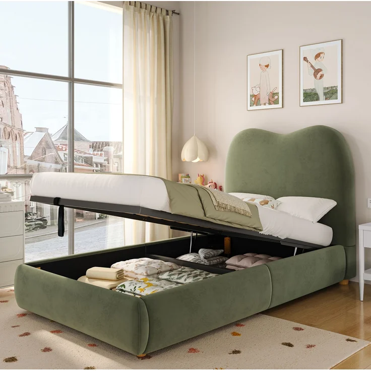 Kinder-Polsterbett aus Samt mit hydraulischem Stauraum, 90x200 cm, Grün, ohne Matratze – Bild 2