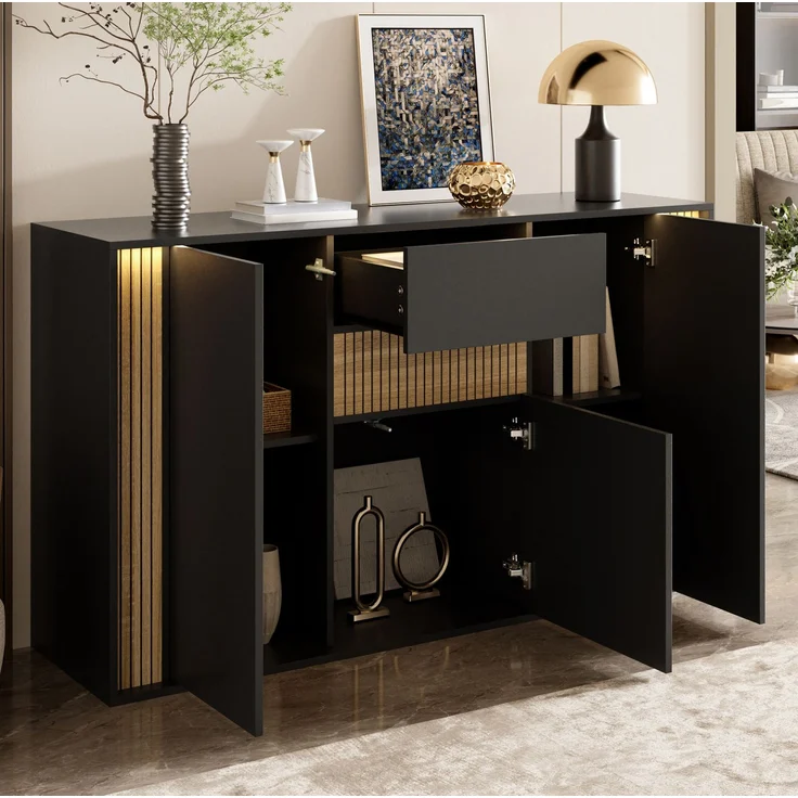 DESVIAE Sideboard Schwarz/Natur aus Spanplatte – 140x82x40 cm – 3 Türen, Schublade, LED-Beleuchtung – Bild 3