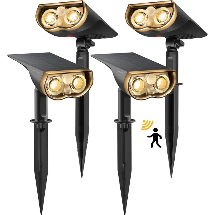 Linkind Solar Außenlampe mit Bewegungsmelder, 3000K Warmweiß, 3 Modi (inkl. Dauerlicht), 1000Lm wegeleuchte von 2 Installation, StarRay IP67 Solar LED Strahler Garten für Carport, 4 Stück