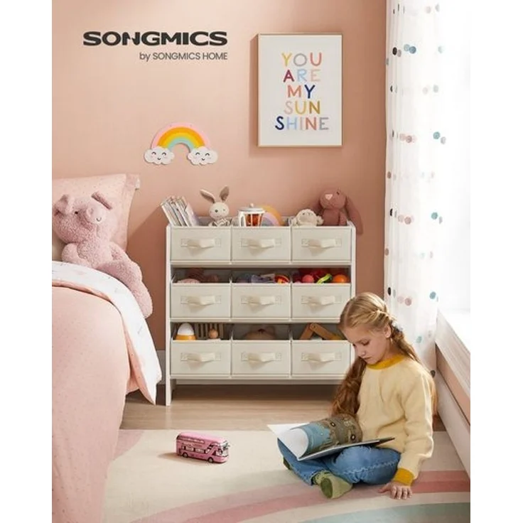 Songmics Kinderregal, Spielzeugregal, Bücherregal Kinder, mit 9 Aufbewahrungsboxen aus Vliesstoff, Kinderzimmer Regal, geräumig, 29,5 x 62,5 x 60 cm, wolkenweiß GKR033W10 – Bild 2