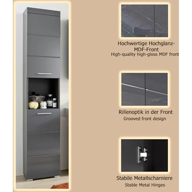 Trendteam 'Amanda' Hochschrank, Holz, Grau Hochglanz, 190 x 31 x 37 cm – Bild 10
