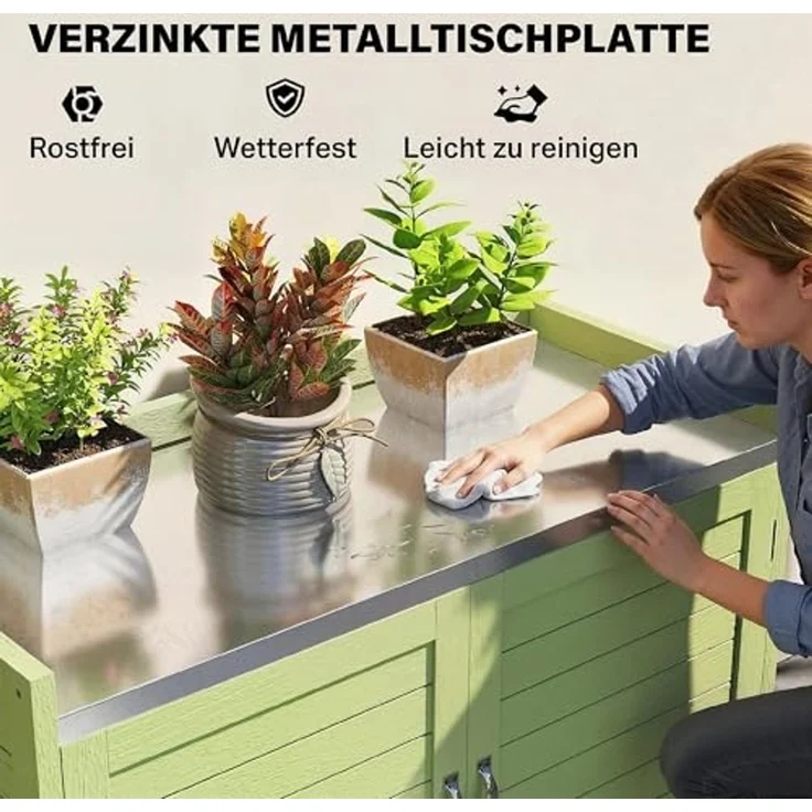 Outsunny Pflanztisch mit verzinkter Arbeitsplatte 3 Regalböden Doppeltüren (wetterfest Gärtnertisch, 1-St, Outdoor Gartenschrank), aus Holz für Garten Balkon Terrasse 88 x 40 x 70,5 cm, Grün – Bild 4
