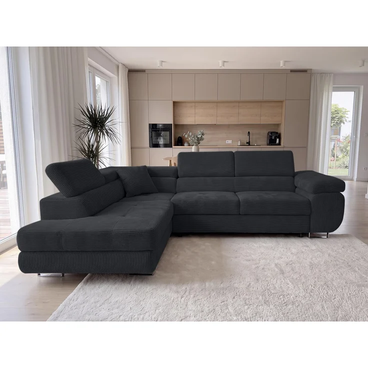AX LIVING Konak Cord-Schlafsofa L Schwarz 276 cm breit mit Bettkasten, Kopfstützen – Bild 4
