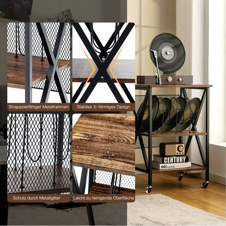 COSTWAY Nachttisch, Plattenspielerständer, rollbar, Metall, 45x52x75cm – Bild 3