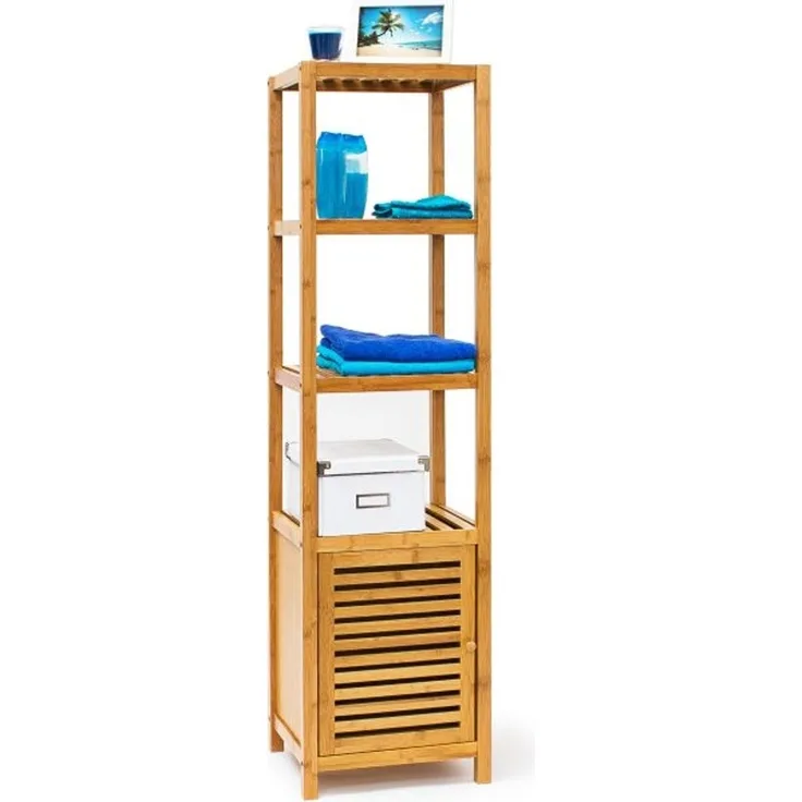 Relaxdays Badregal mit Tür, Bambus natur, 140 x 33 x 36,5 cm