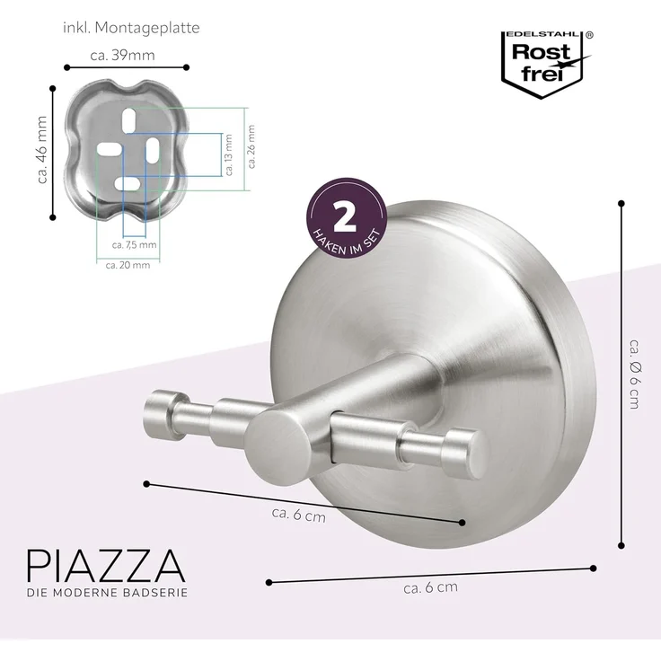 Bad-Serie PIAZZA - Handtuchhaken 2er Set inkl. Klebeset, aus Edelstahl matt – Bild 7