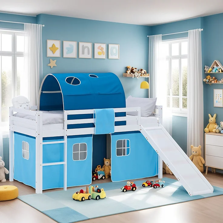 Hochbett Kinder 90x200 cm mit Rutsche Kinderbett Kinderhochbett Stockbett Vorhang Tunnel Blau Holz Massiv – Bild 2