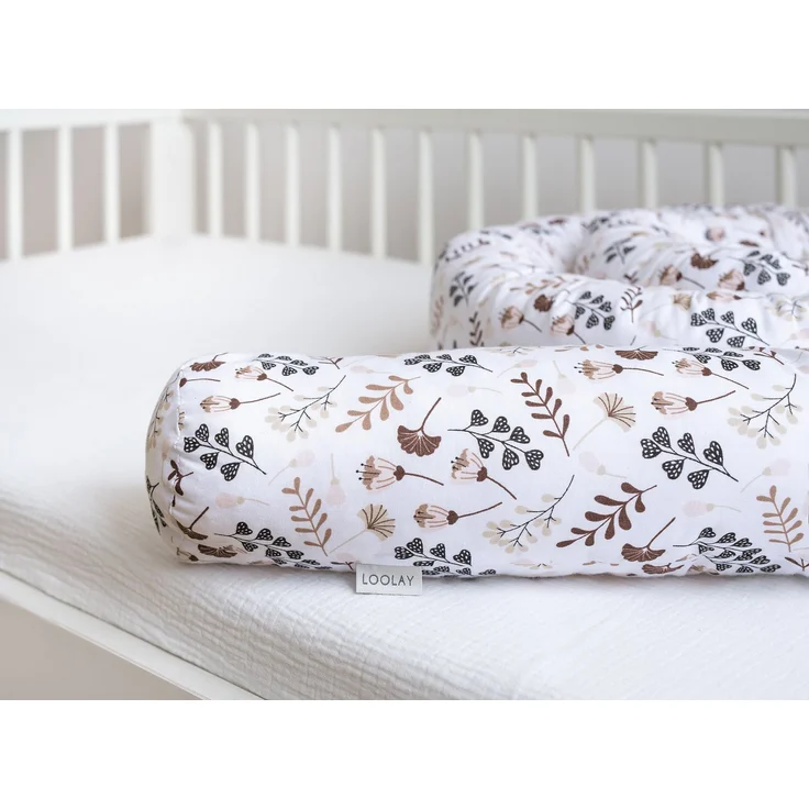 Loolay Nestchenschlange BRAUN Blumen BIO-Baumwolle Multifunktion PREMIUM Bettschlange Schlange, (Bettumrandung Krabbeldecke Babybett Umrandung Schlange Bett Kopfschutz, Zierkissen Bettrolle Dekokissen Zugluftstopper - Super GESCHENK), LOOLAY® - 100% Eu... – Bild 5