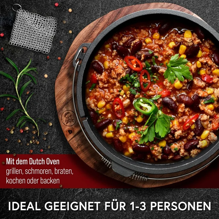 Gusseisen Set 10-teilig in Holzbox – Dutch Oven 4,5 l, Pfanne Ø 26 cm, Grillplatte, Zubehör & Rezeptbuch, ideal für Grill & Outdoor – Bild 4