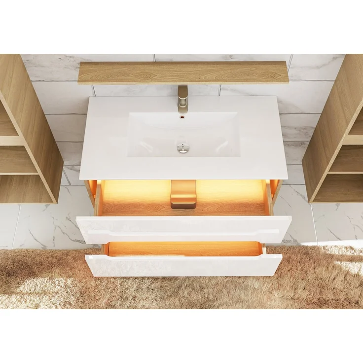 Faizee Möbel Badmöbel-Set 90cm Hochglanz Weiß inkl. Waschbecken&LED-Beleuchtung – Bild 3