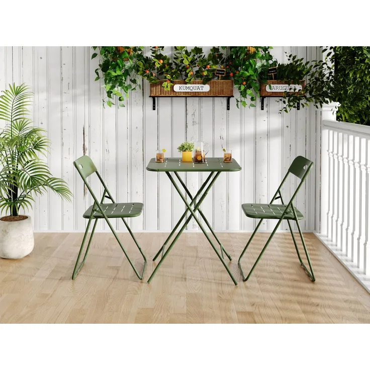 Bistro-Set aus Stahl, klappbar, 3-teilig mit 2 Stühlen, Tisch 60x60x73 cm, Grün